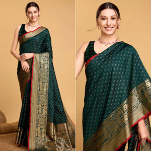 Green Woven Pure Silk Saree With Tassels