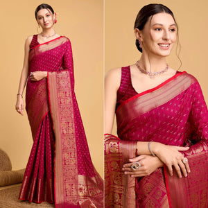 Rani Pink Woven Pure Silk Saree With Tassels