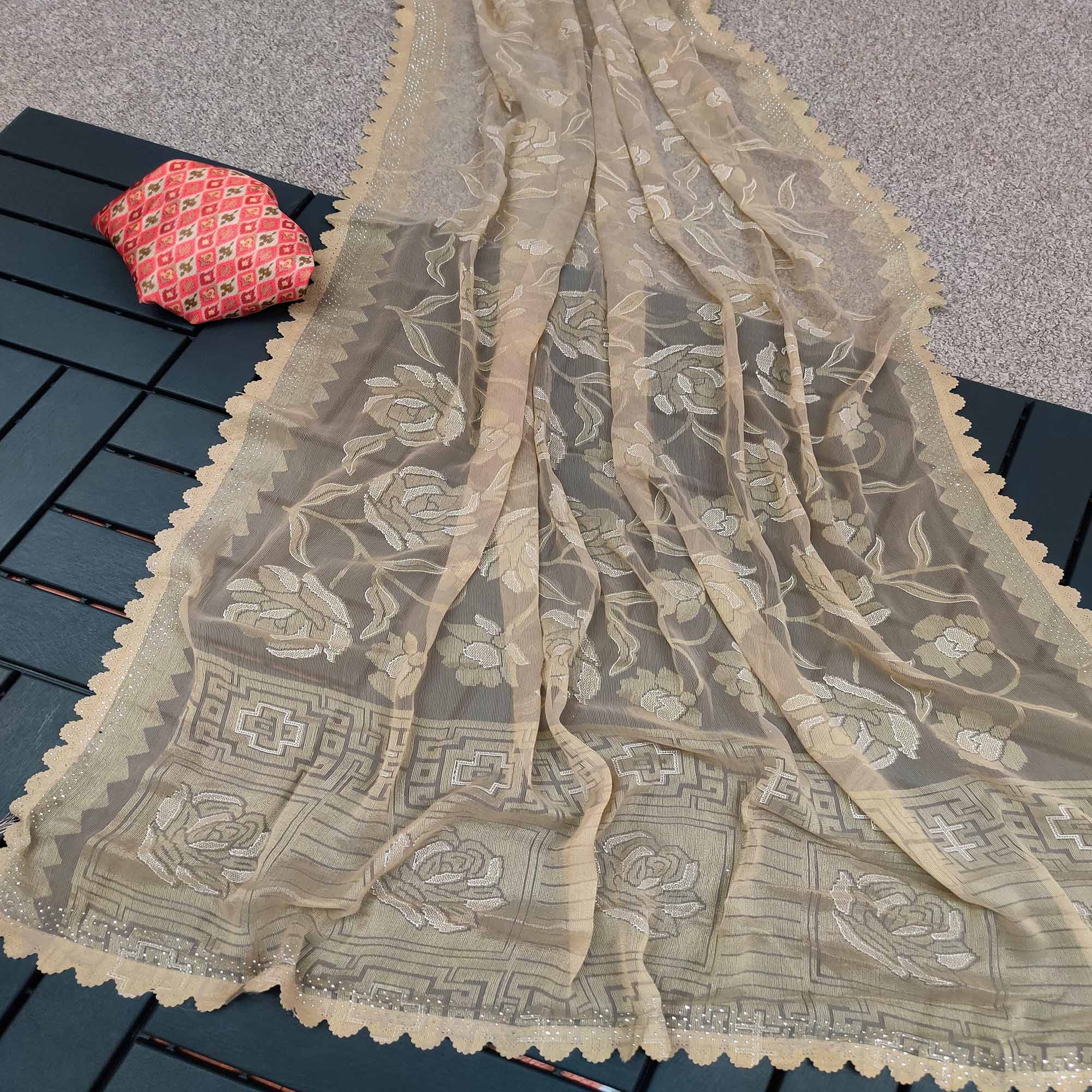 Beige Woven With Swarovski Work Brasso Saree