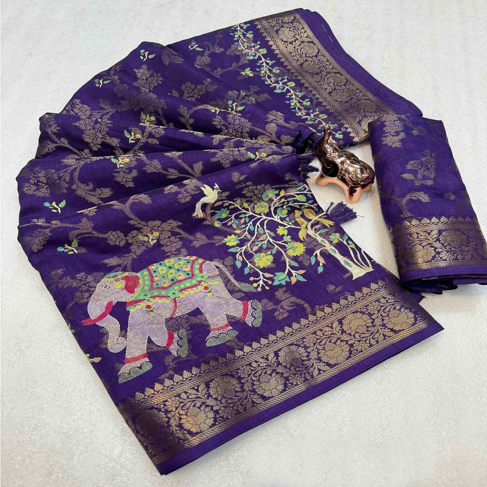 Exquisite Royal Purple Floral Weaving Tusser Jacquard Silk Saree With Elephant Motif Pallu