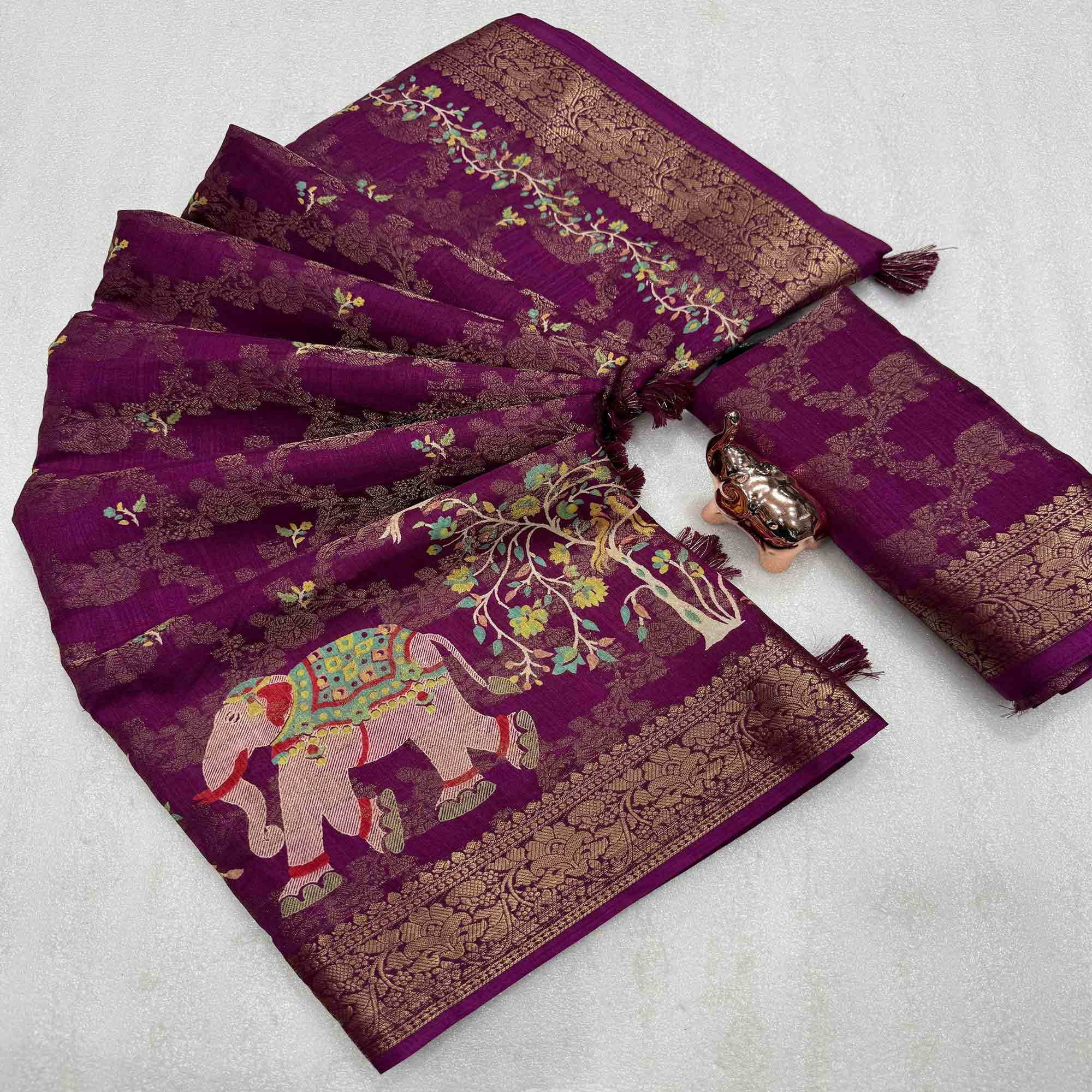 Exquisite Wine Floral Weaving Tusser Silk Jacquard Saree Highlighted With Elephant Motif Pallu