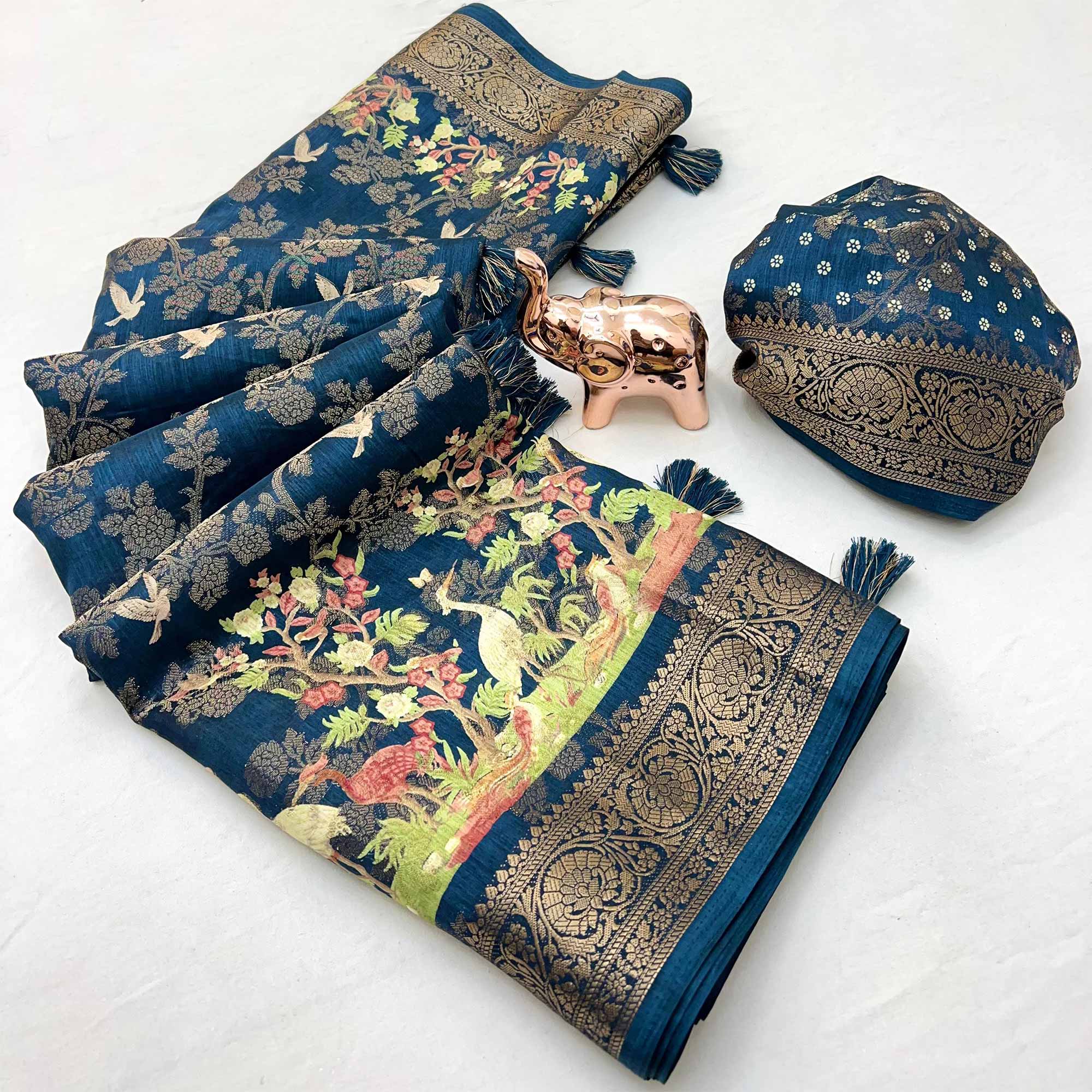 Blue Tussar Silk Jacquard Saree With Intricate Floral Zari Weaving & Tassel Border