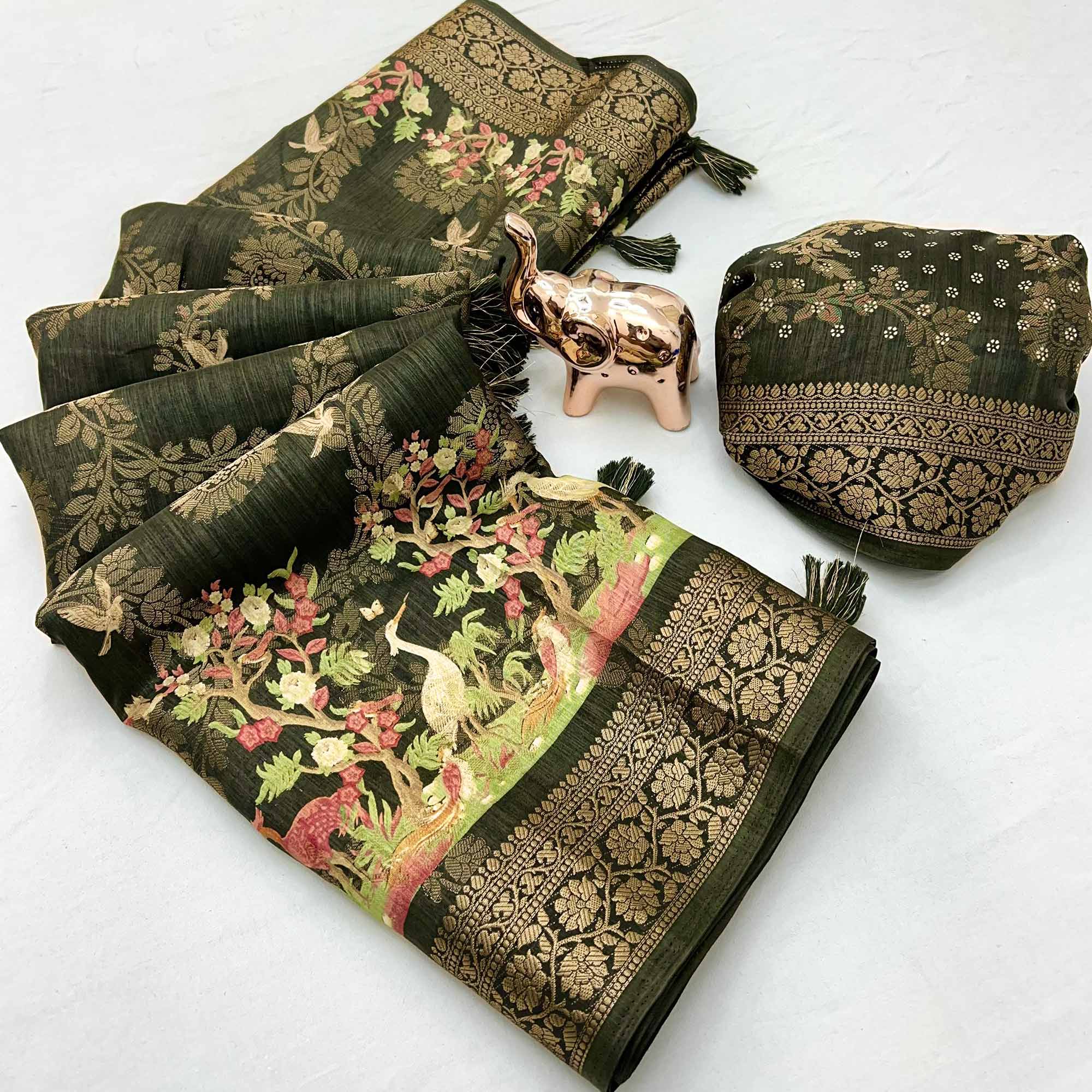 Mehendi Green Tussar Silk Jacquard Saree With Intricate Floral Zari Weaving & Tassel Border