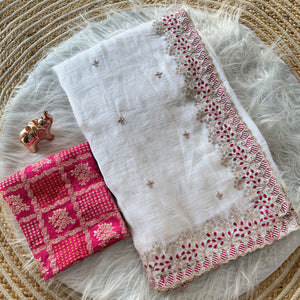 White Paper Crush Pure Silk Saree Featuring Intricate Floral Embroidery Craftsmanship