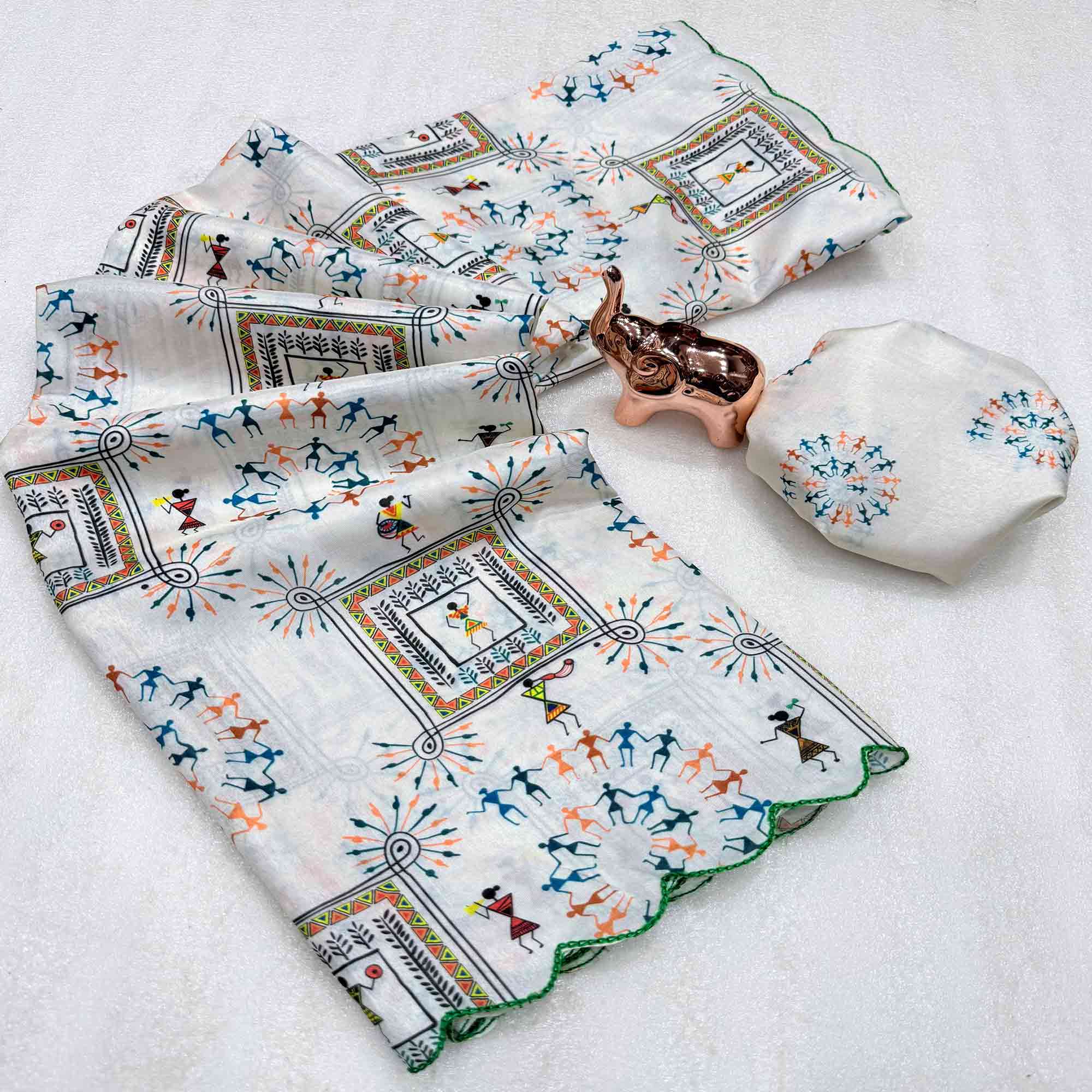 Charming Off White Soft Dola Silk Saree Featuring Intricate Warli Print