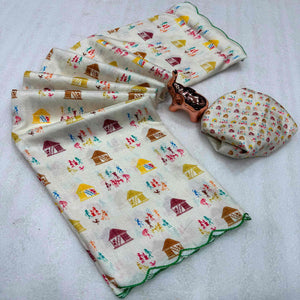 Festive Off White Soft Dola Silk Saree with Timeless Warli Print Work