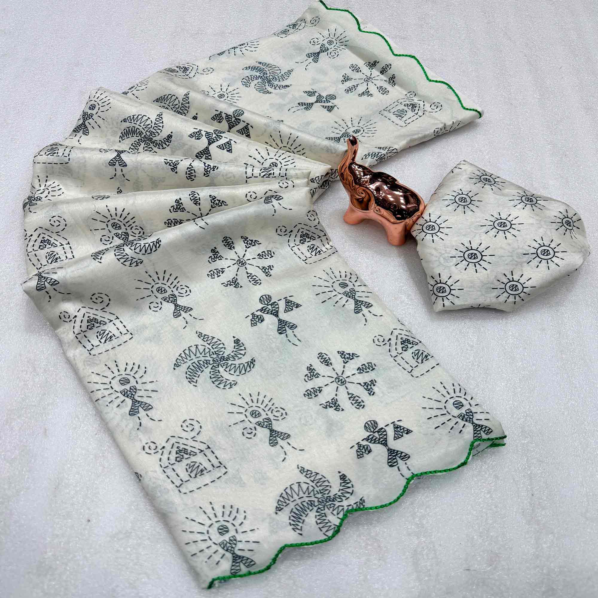 Minimalist Off White Warli Printed Saree in Comfortable Soft Dola Silk Fabric