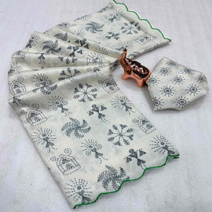 Minimalist Off White Warli Printed Saree in Comfortable Soft Dola Silk Fabric