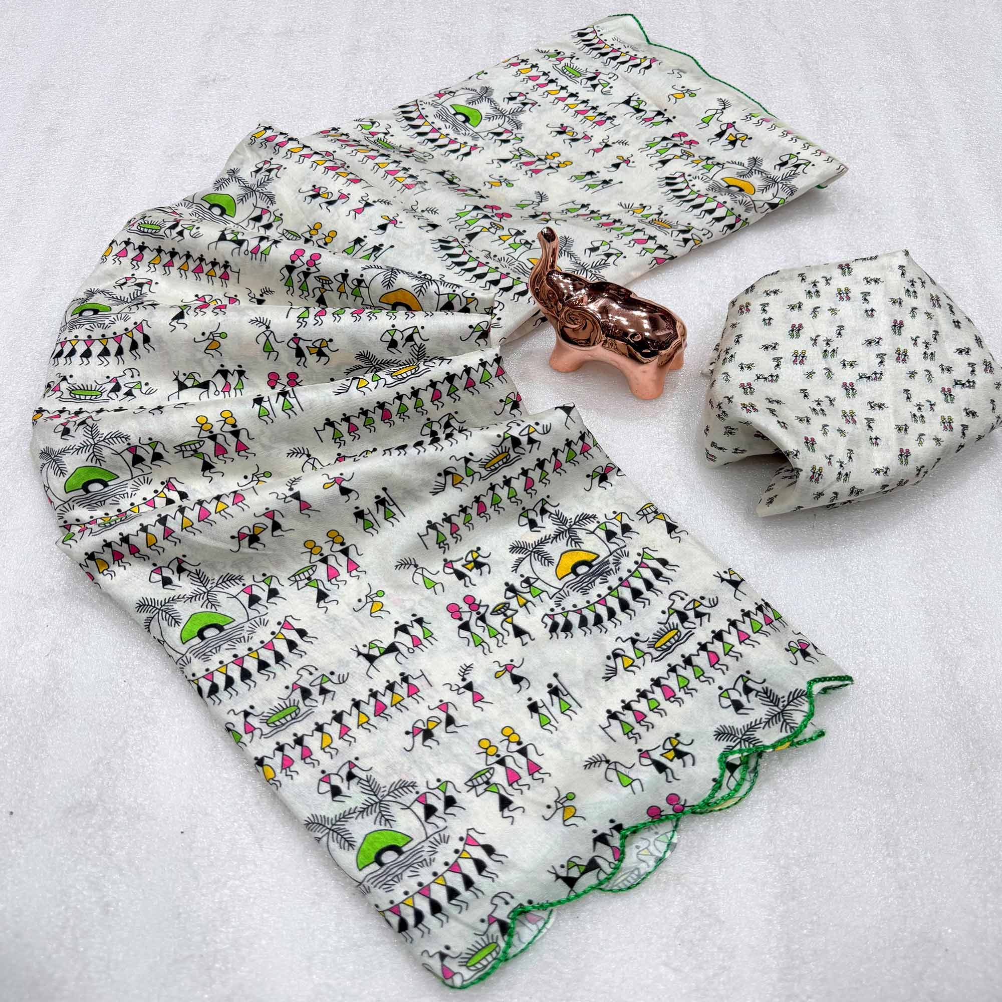 Elegant Off White Dola Silk Saree with Traditional Warli Print