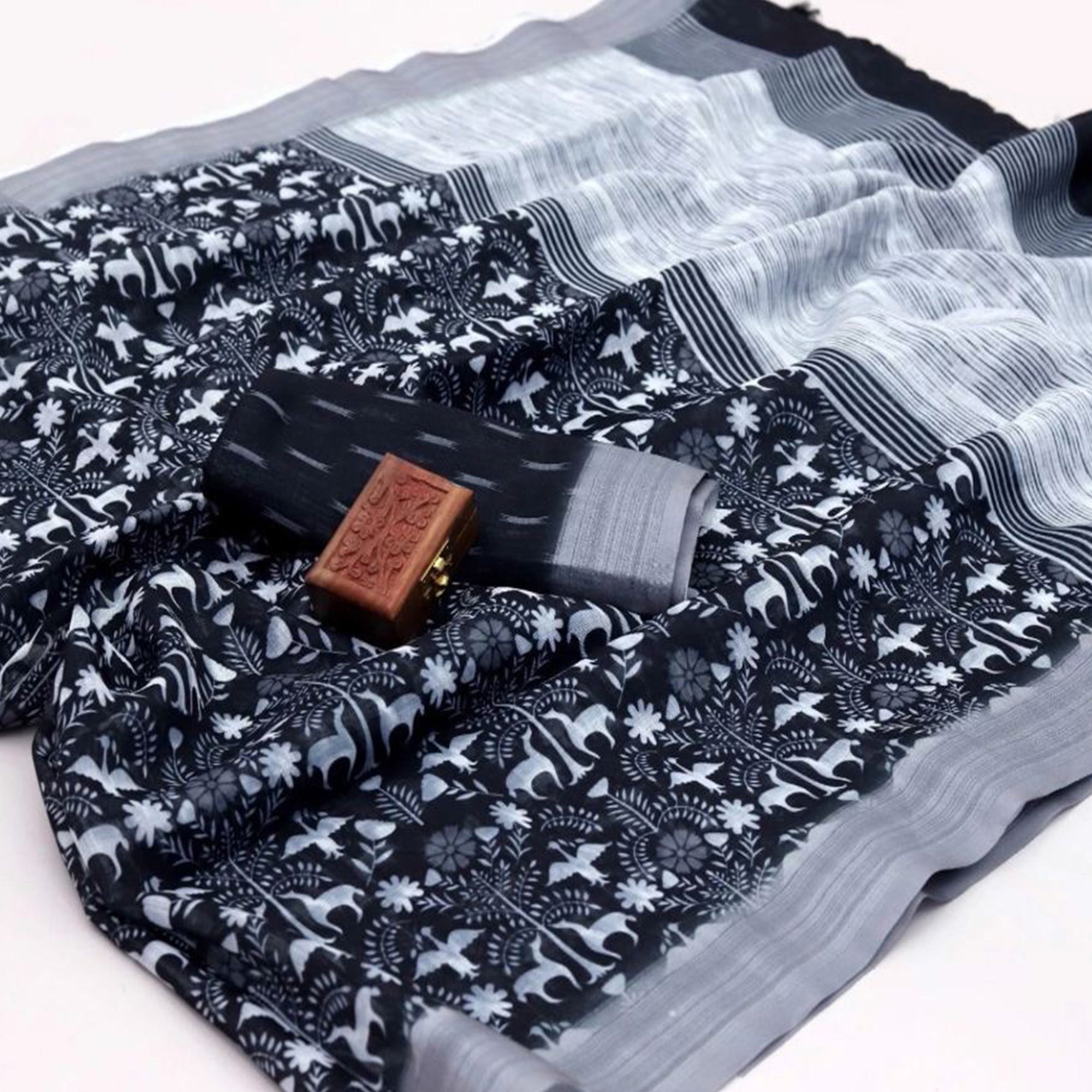 Black Kalamkari Digital Printed Linen Saree