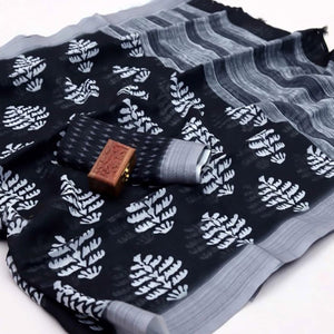 Black Kalamkari Digital Printed Linen Saree