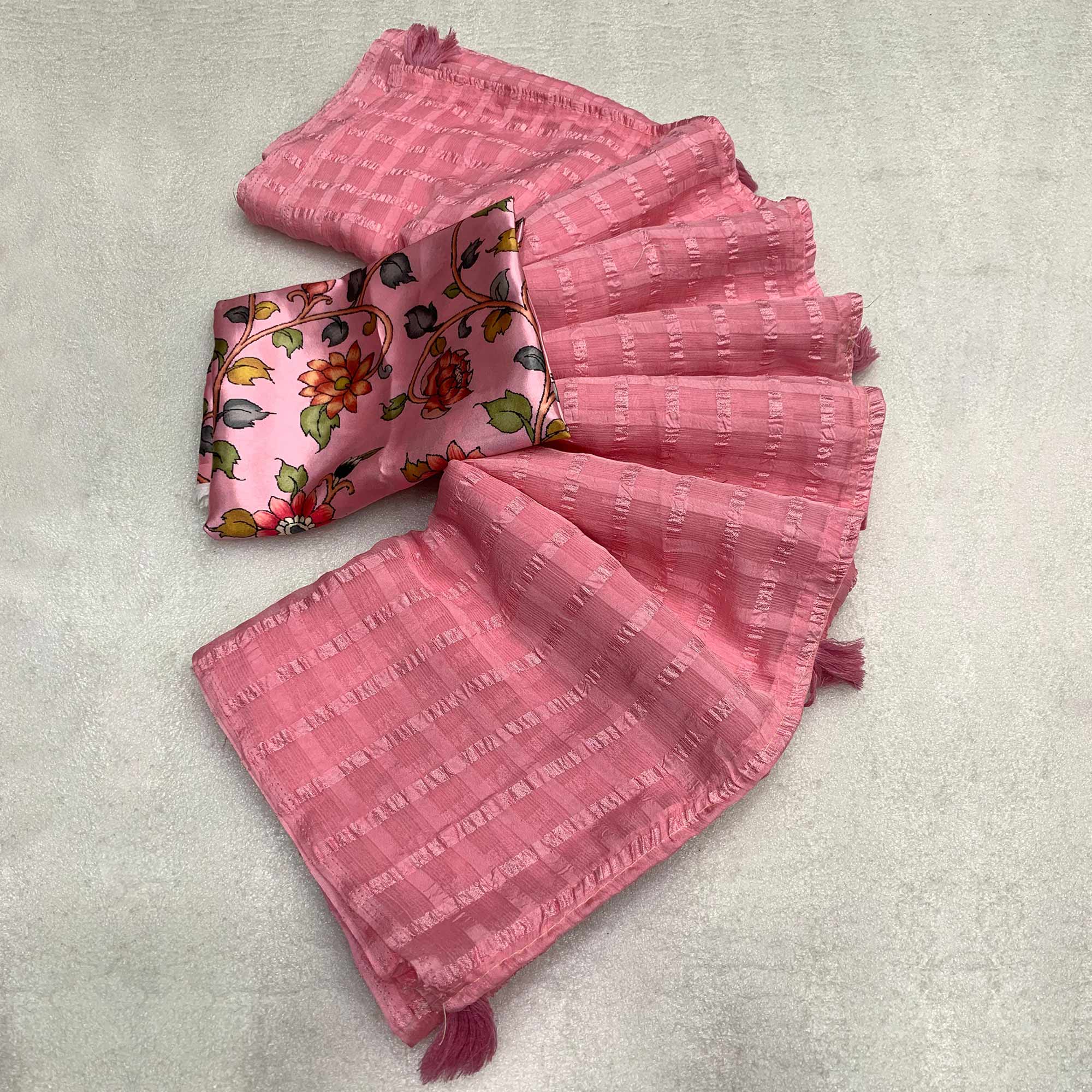 Pink Woven Chiffon Wrinkle Saree With Tassels