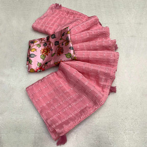Pink Woven Chiffon Wrinkle Saree With Tassels