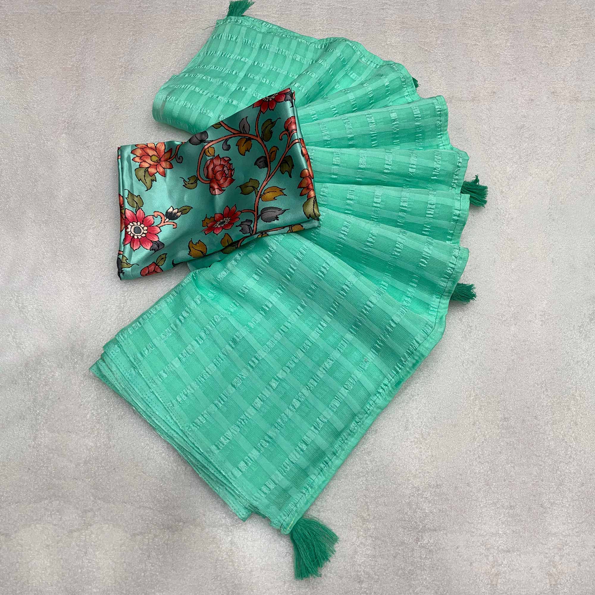 Turquoise Woven Chiffon Wrinkle Saree With Tassels