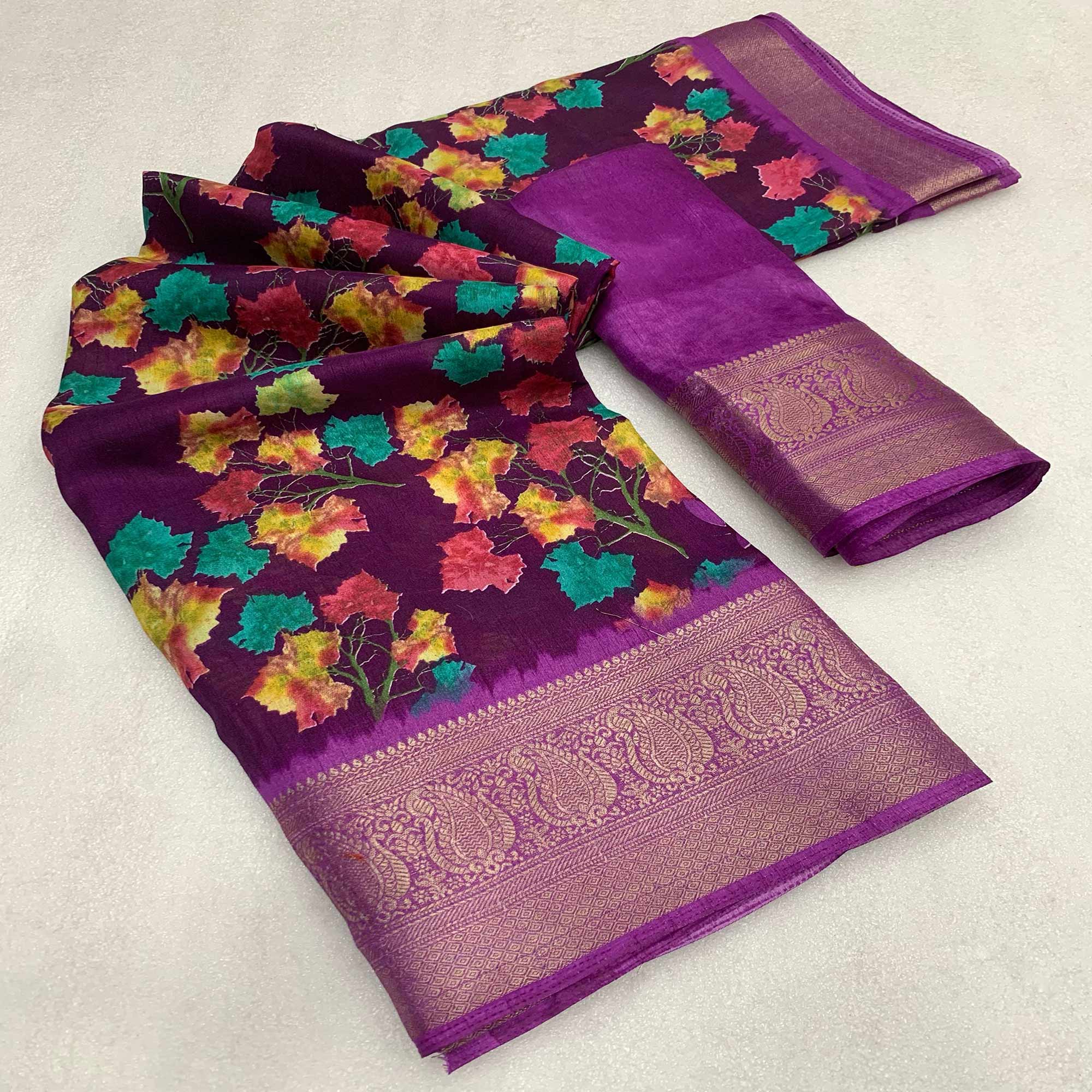 Purple Floral Printed Dola Silk Saree
