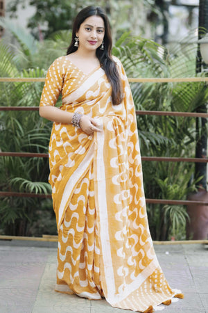 Mustard Linen Saree With Vibrant Zig Zag Digital Print & Trendy Tassel Pallu