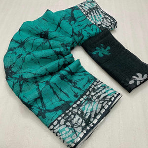 Turquoise Digital Printed Linen Cotton Saree