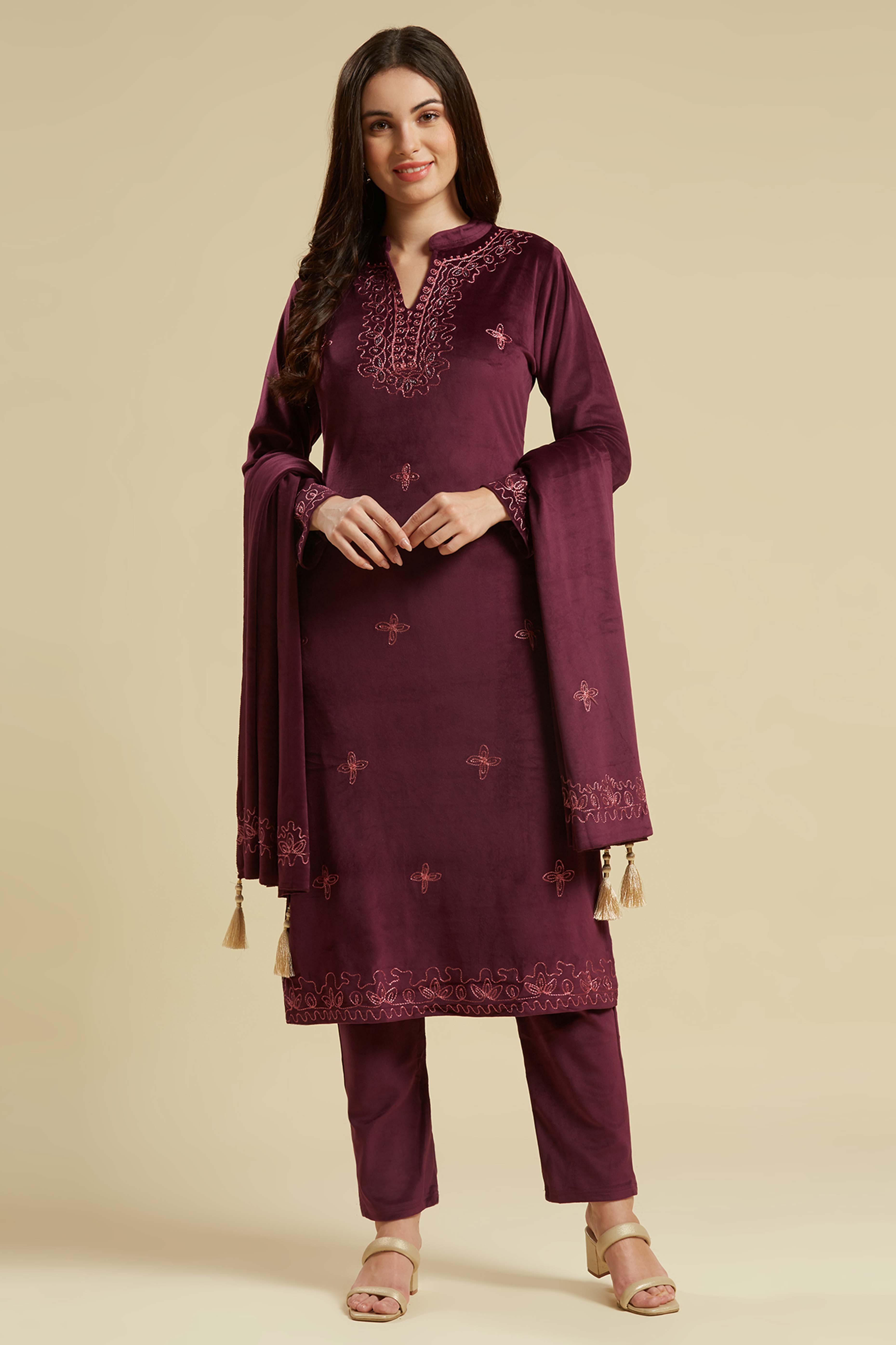 Wine Embroidered Velvet Straight Salwar Suit