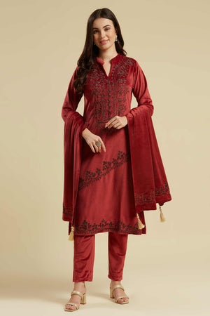 Wine Embroidered Velvet Straight Salwar Suit