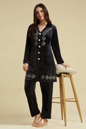 Navy Blue Embroidered Velvet A-Line Top Bottom Set