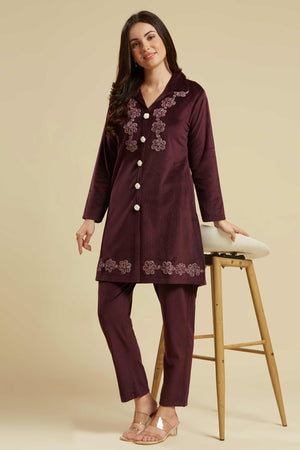 Wine Embroidered Velvet A-Line Top Bottom Set