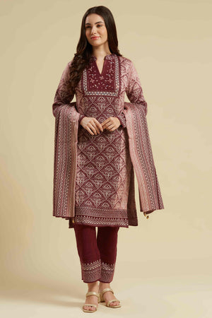 Wine Embroidered Woolen Straight Salwar Suit