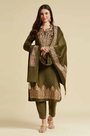 Green Embroidered Velvet Straight Salwar Suit