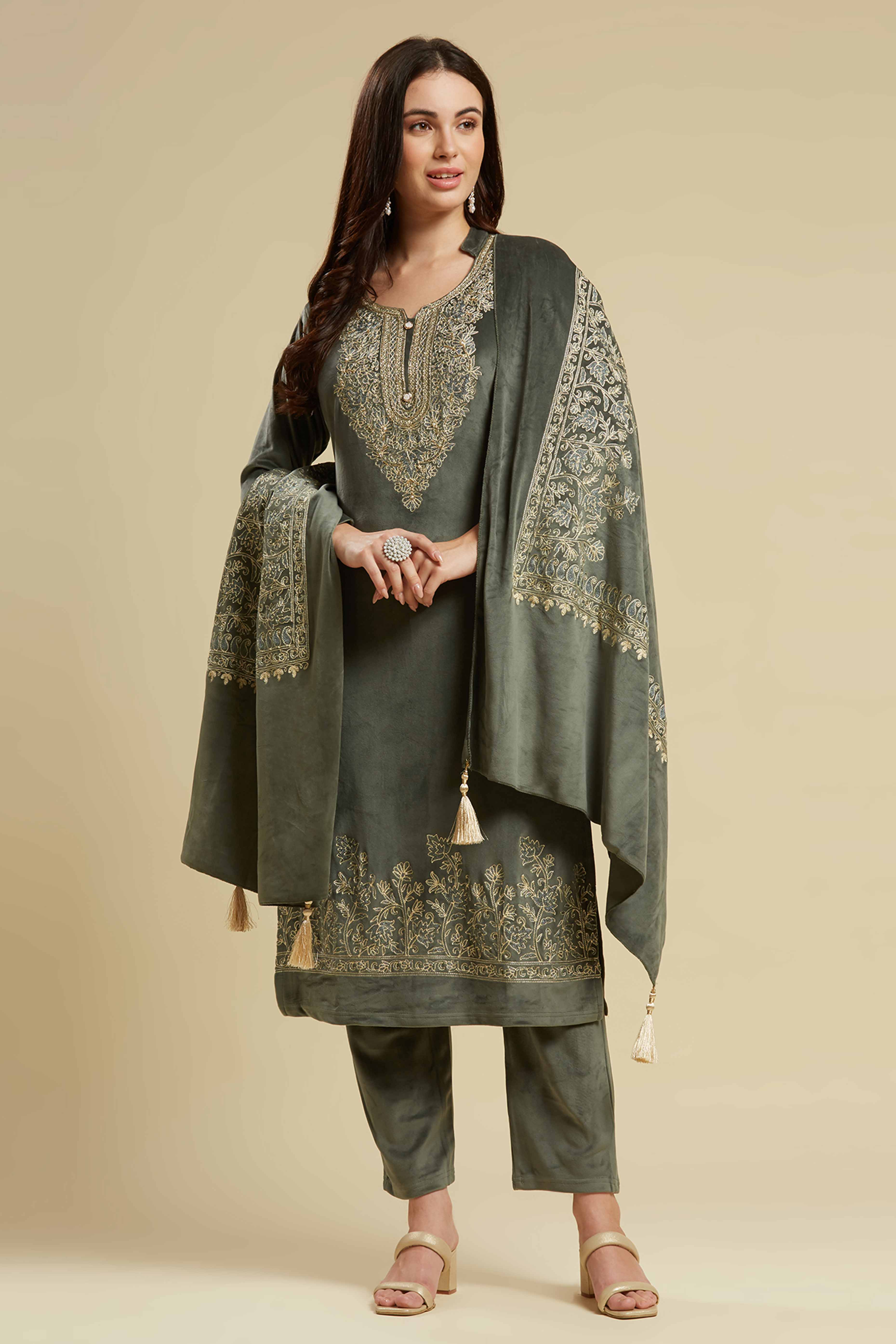 Green Embroidered Velvet Straight Salwar Suit