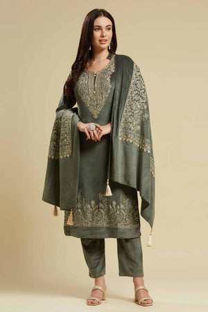 Green Embroidered Velvet Straight Salwar Suit