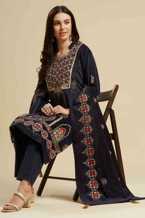 Navy Blue Embroidered Velvet Straight Salwar Suit