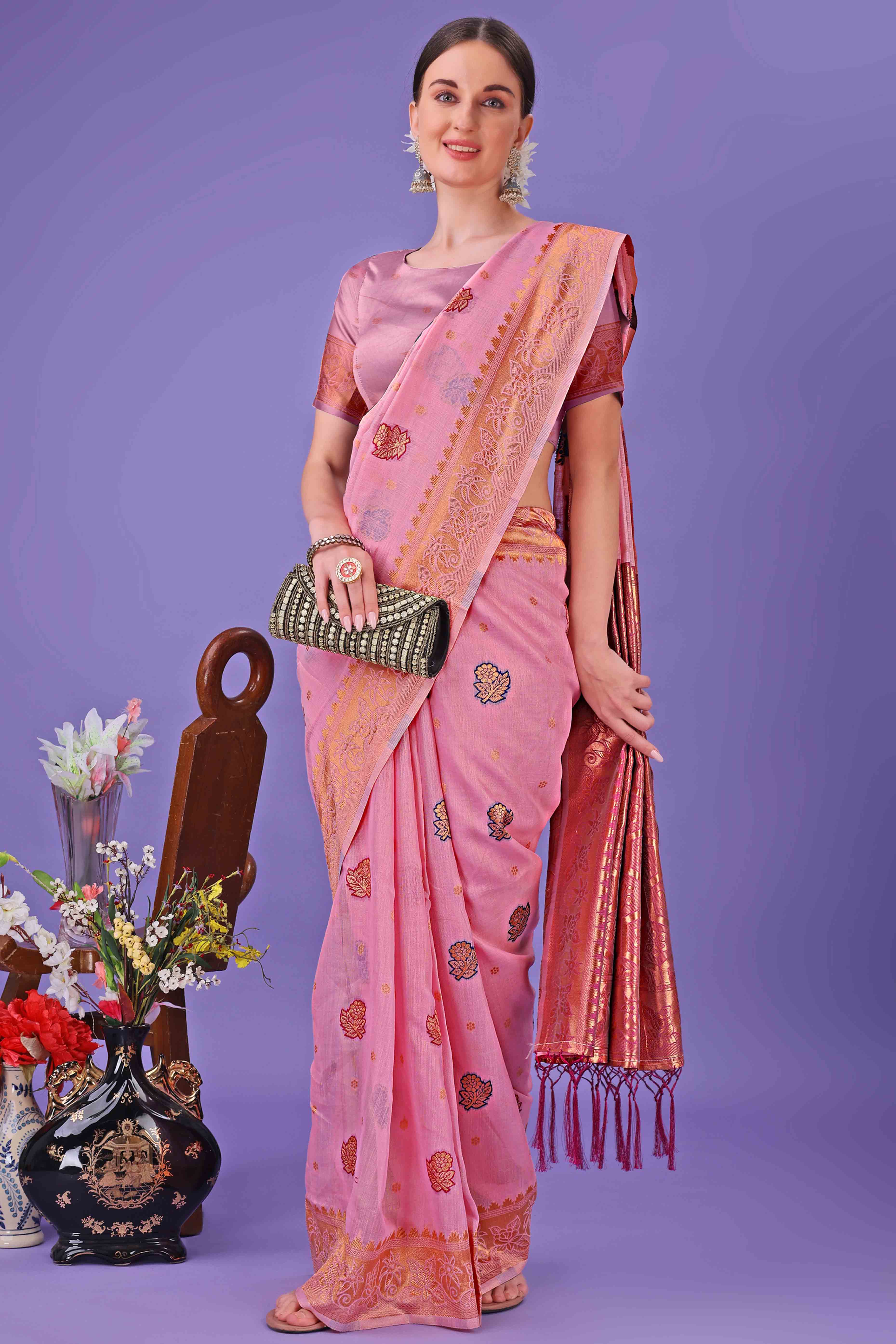 Light Pink Saree with Floral Zari Weaving on a Linen Cotton Base