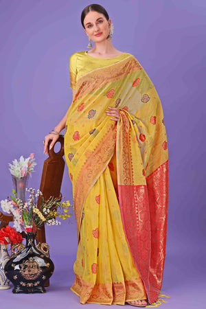 Yellow Saree with Floral Zari Weaving on a Linen Cotton Base