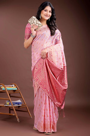Romantic Pink Floral Zari Weaving Cotton Blend Saree with Lovely Tassel Accents