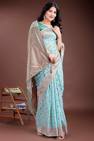 Serene Aqua Blue Floral Zari Weaving Cotton Blend Saree with Charming Tassel Ornaments