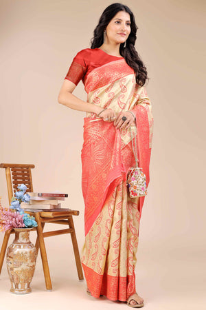 Cream Banarasi Silk Saree Featuring Red Floral Zari Weaving and a Rich Contrast Border
