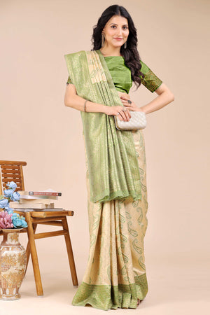 Cream Banarasi Silk Saree Featuring Light Green Floral Zari Weaving and a Rich Contrast Border