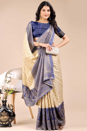 Cream Banarasi Silk Saree Featuring Lustrous Navy Blue Floral Zari Weaving and a Rich Contrast Border