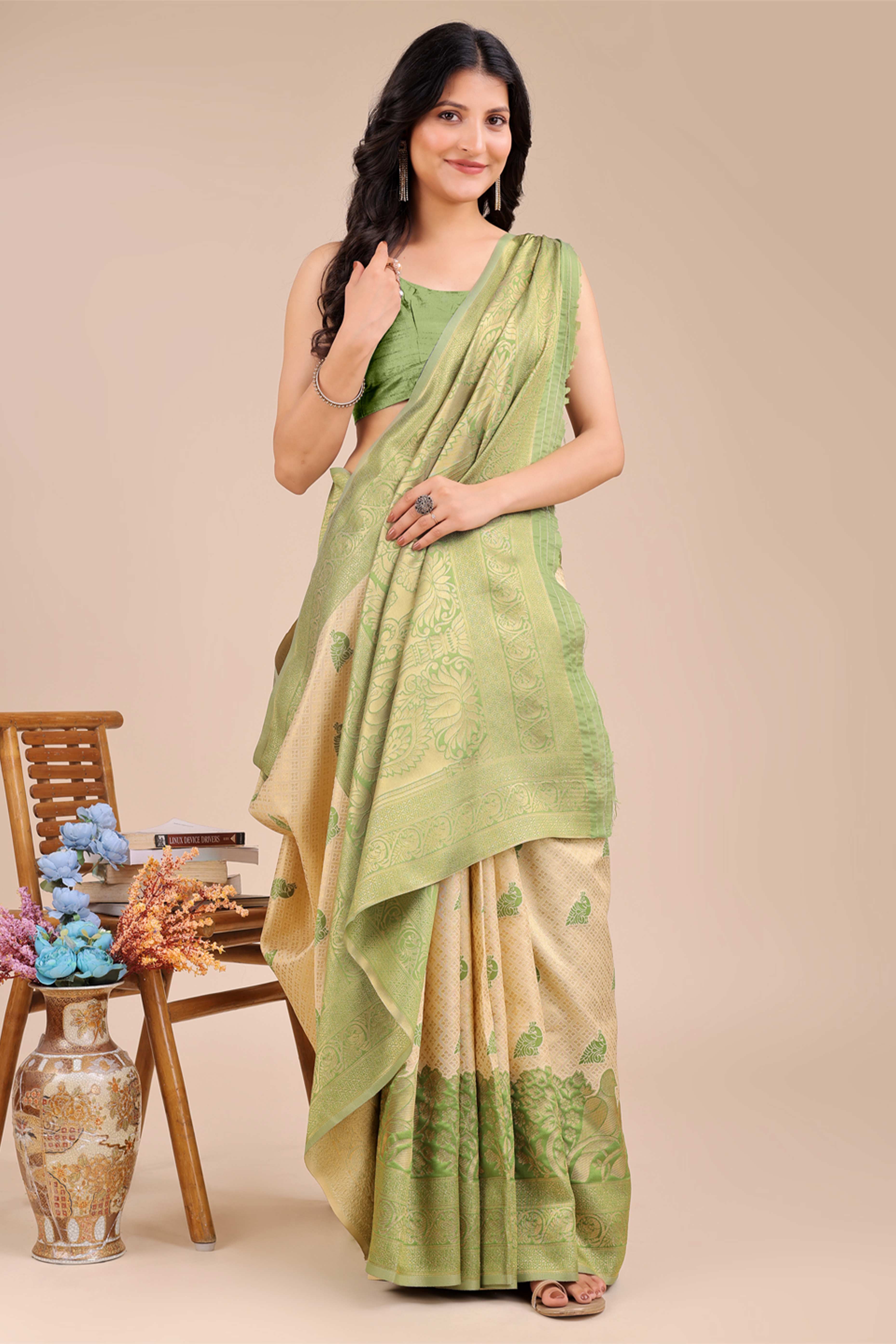 Cream & Light Green Floral Zari Weaving Banarasi Silk Saree With Intricate Peacock Pallu