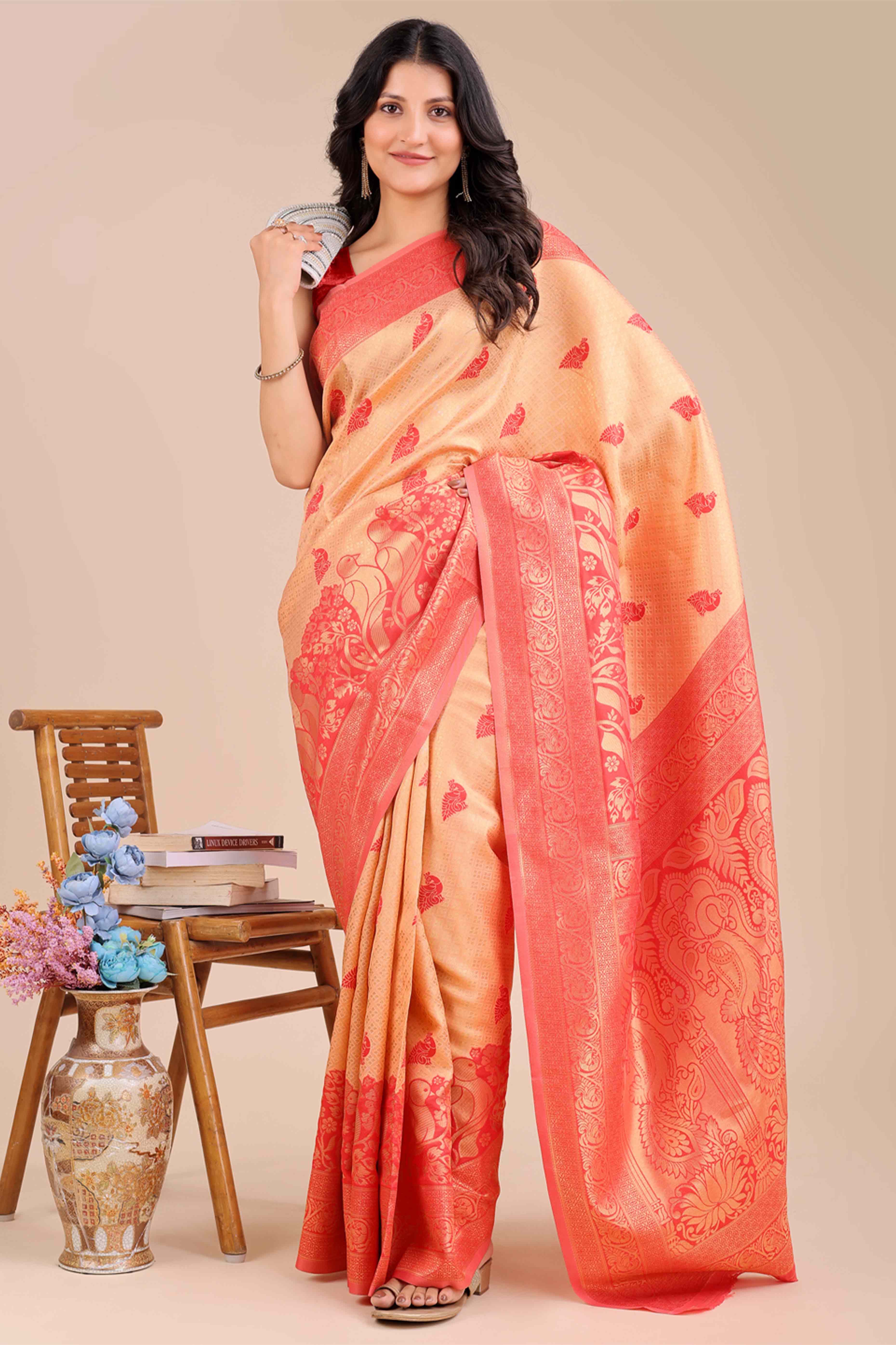 Cream & Red Floral Zari Weaving Banarasi Silk Saree With Intricate Peacock Pallu