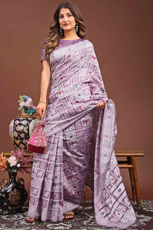 Lilac Purple Linen Cotton Saree Adorned With Zari Weaving & Tassel pallu