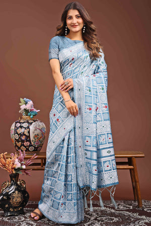 Blue Linen Cotton Saree Adorned With Zari Weaving & Tassel pallu