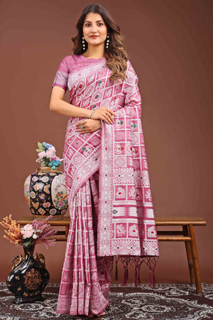 Pink Linen Cotton Saree Adorned With Zari Weaving & Tassel pallu