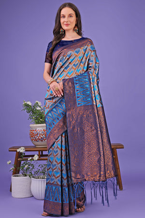 Blue Heart Motif Zari Woven Lichi Cotton Silk Saree With Flowing Tassels