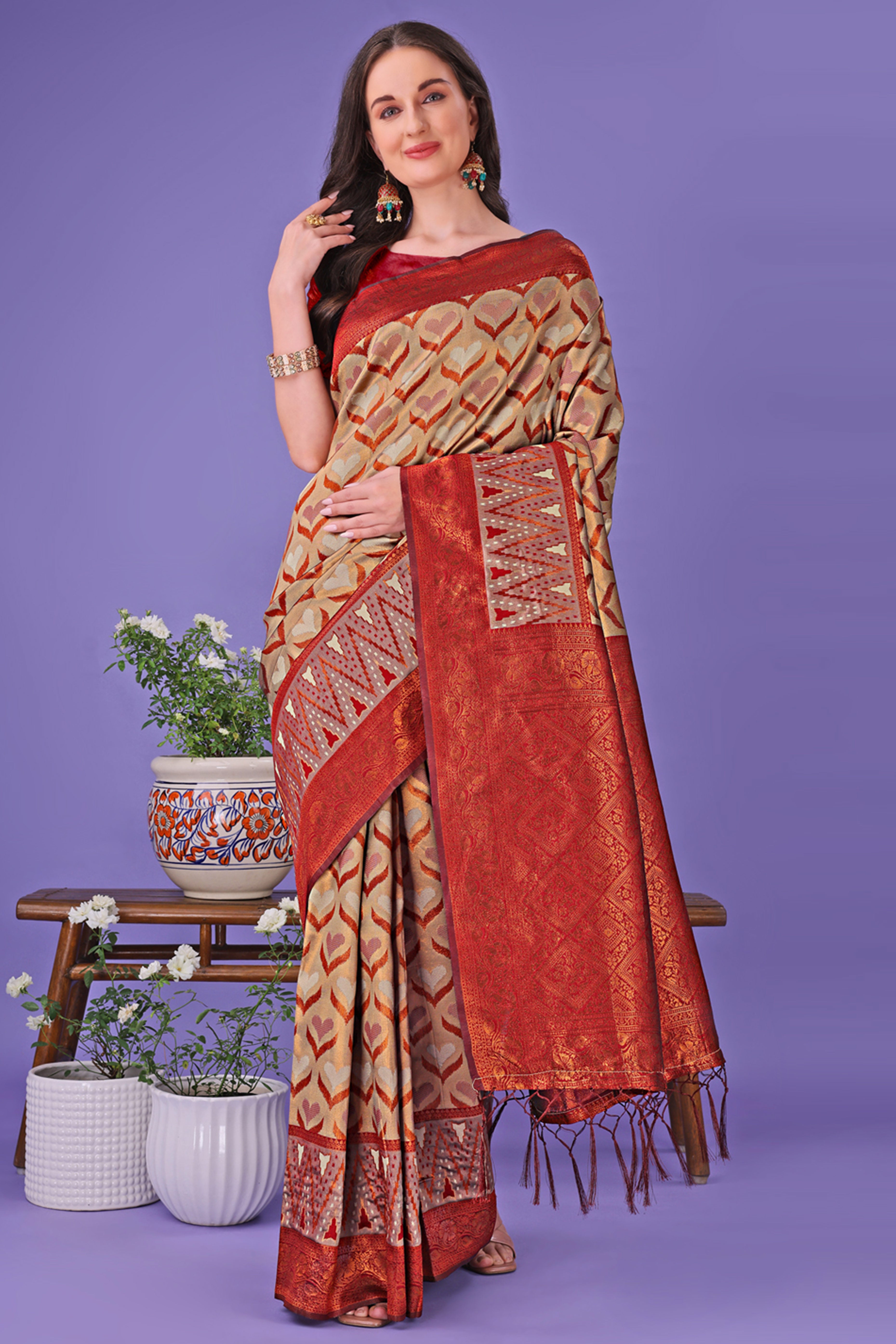 Chikoo Heart Motif Zari Woven Lichi Cotton Silk Saree With Flowing Tassels