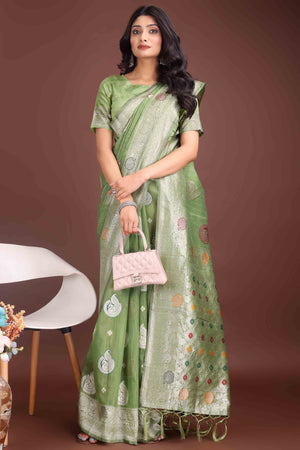 Light Green Lichi Cotton Blend Saree With Zari Floral Weaving & Tassel Detailing