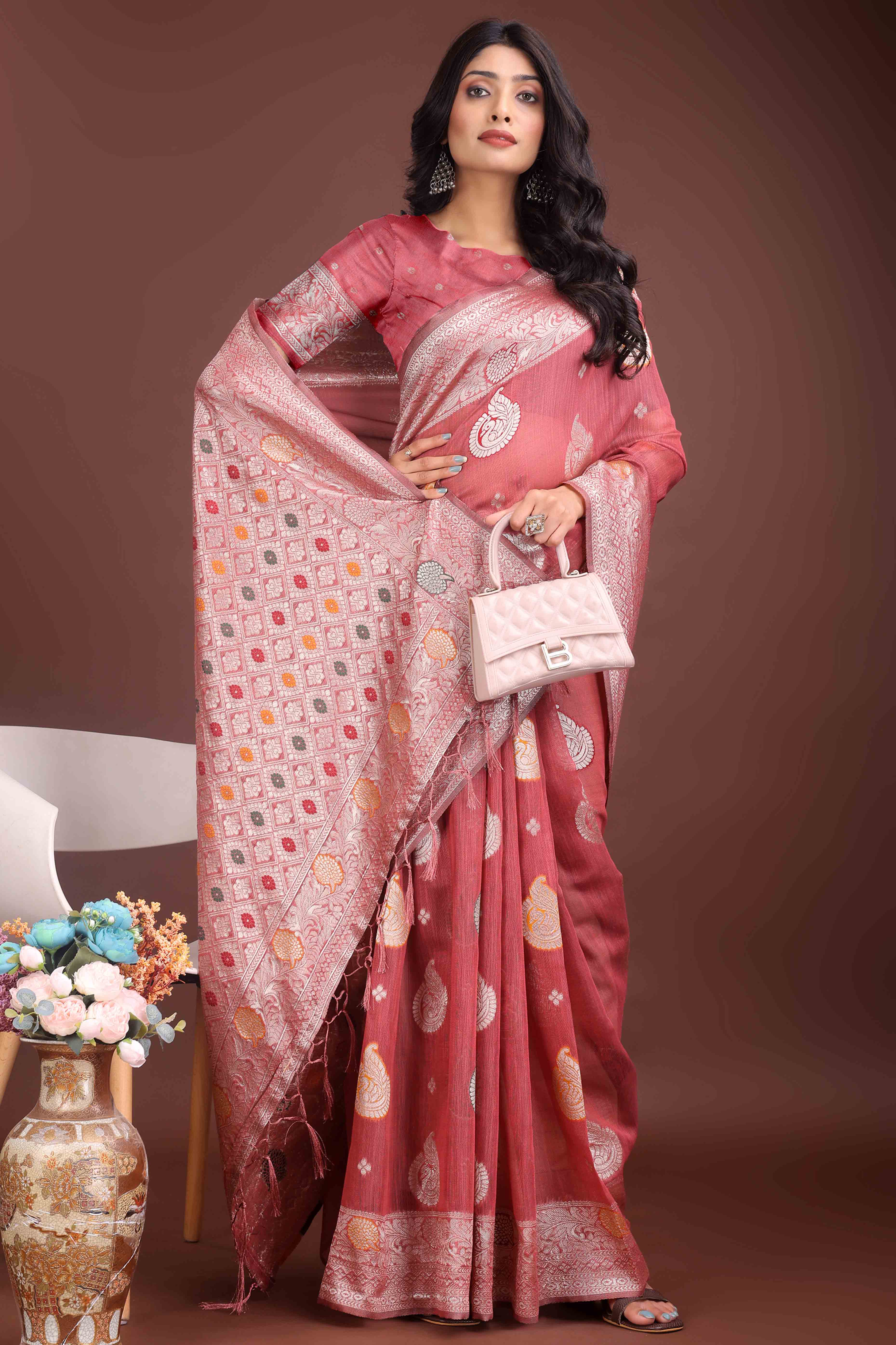 Dark Coral Pink Lichi Cotton Blend Saree With Zari Floral Weaving & Tassel Detailing