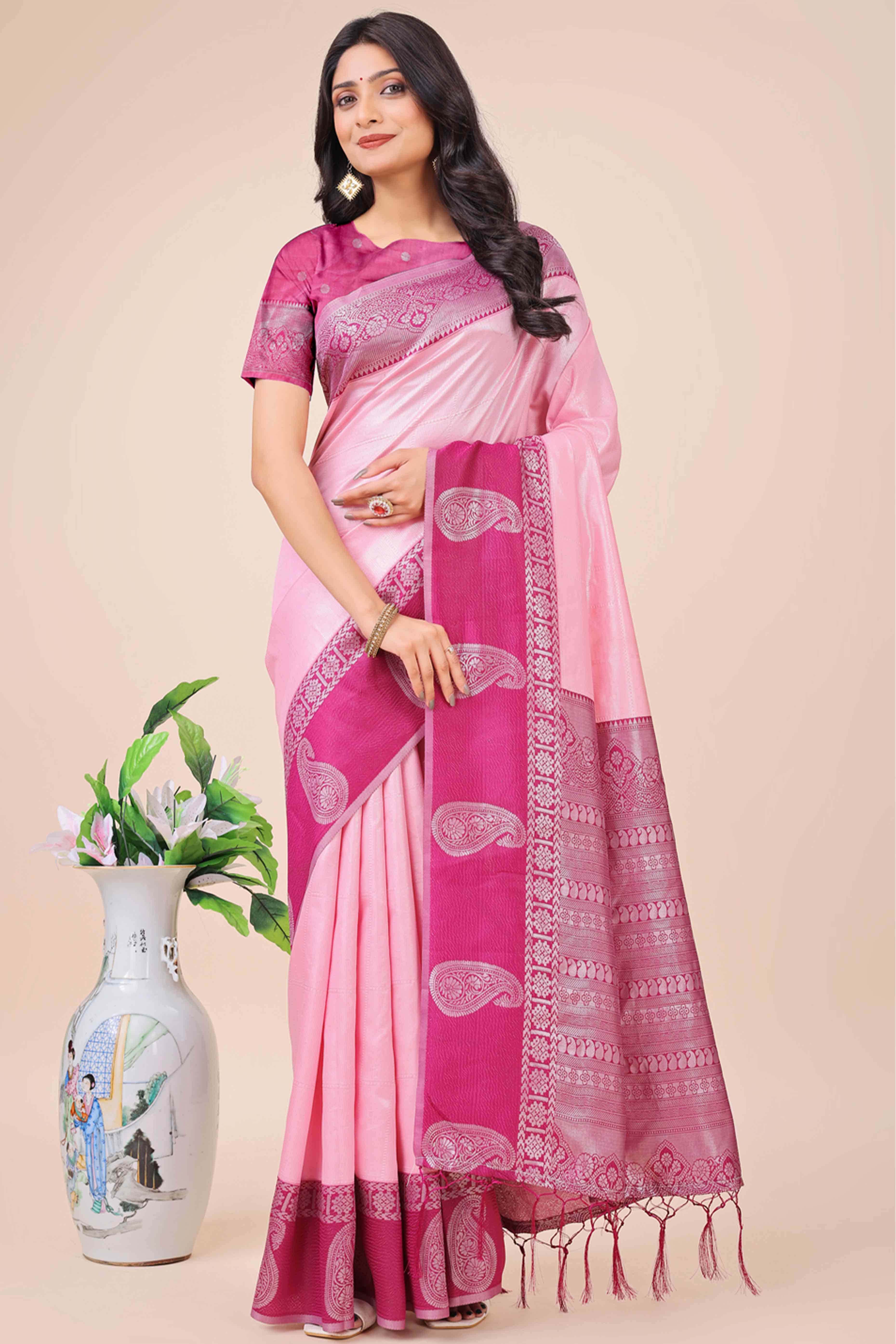 Light Pink Lichi Silk Blend Saree With Intricate Paisley Zari Weave & Graceful Tassels