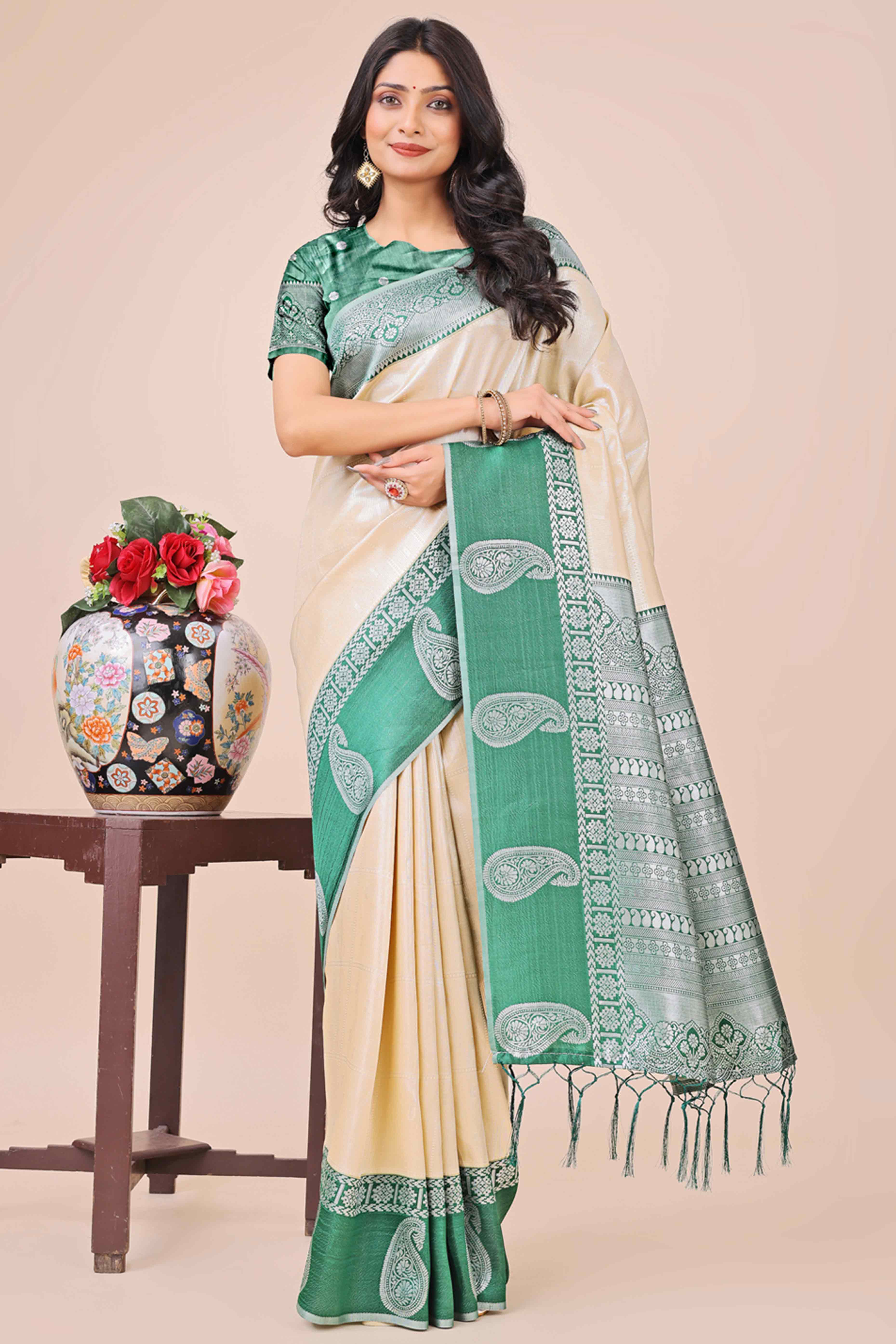 Cream Lichi Silk Blend Saree With Intricate Paisley Zari Weave & Graceful Tassels
