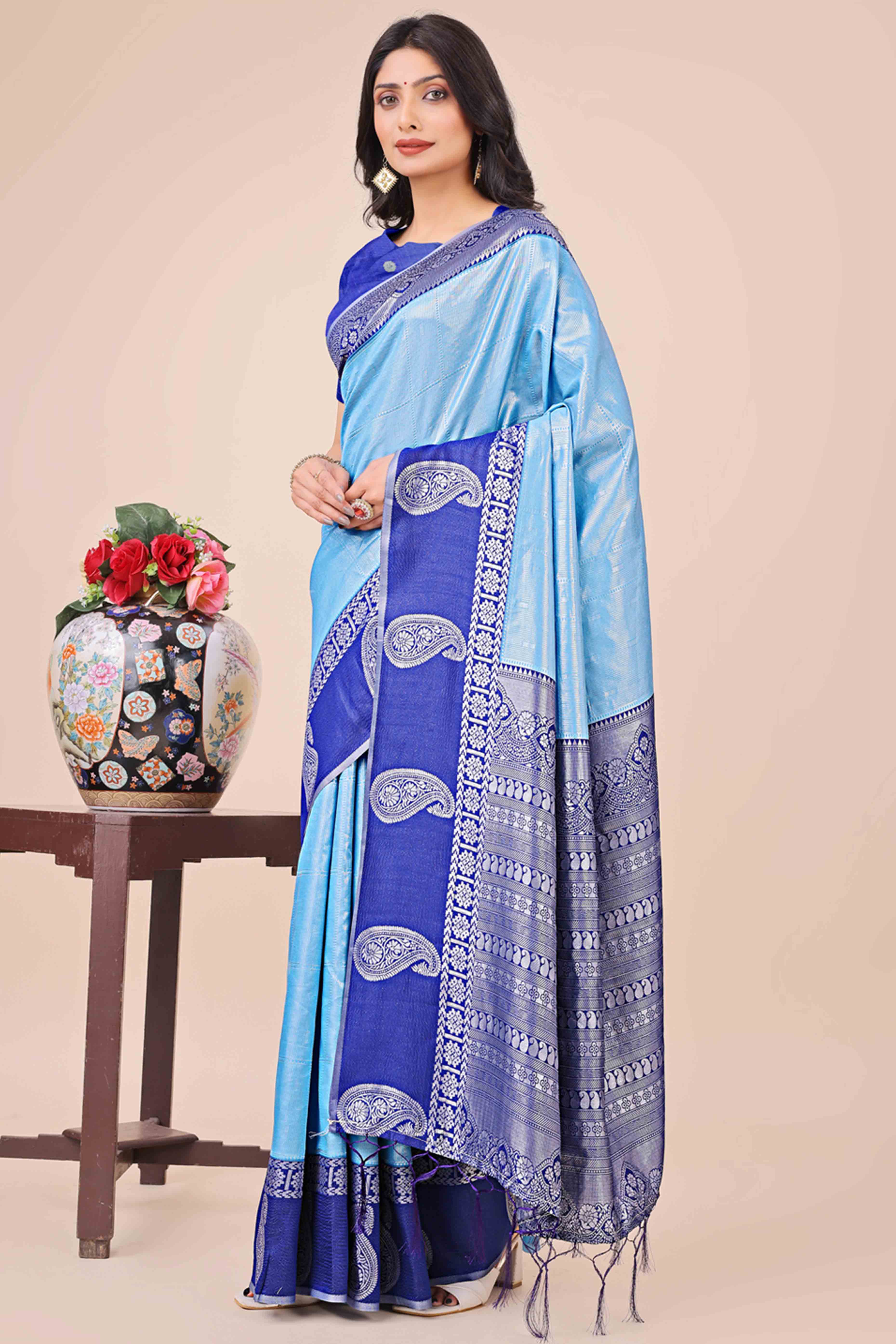 Sky Blue Lichi Silk Blend Saree With Intricate Paisley Zari Weave & Graceful Tassels