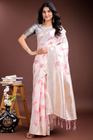 White and Pink Cotton Silk Saree with Leaf Motifs and Zari Border Tassel Design